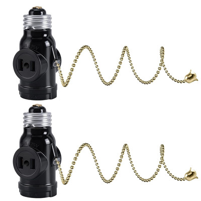 UL Listed E26 to 2 Polarized Outlet Socket Adapter, Pull Chain Switch Control Li