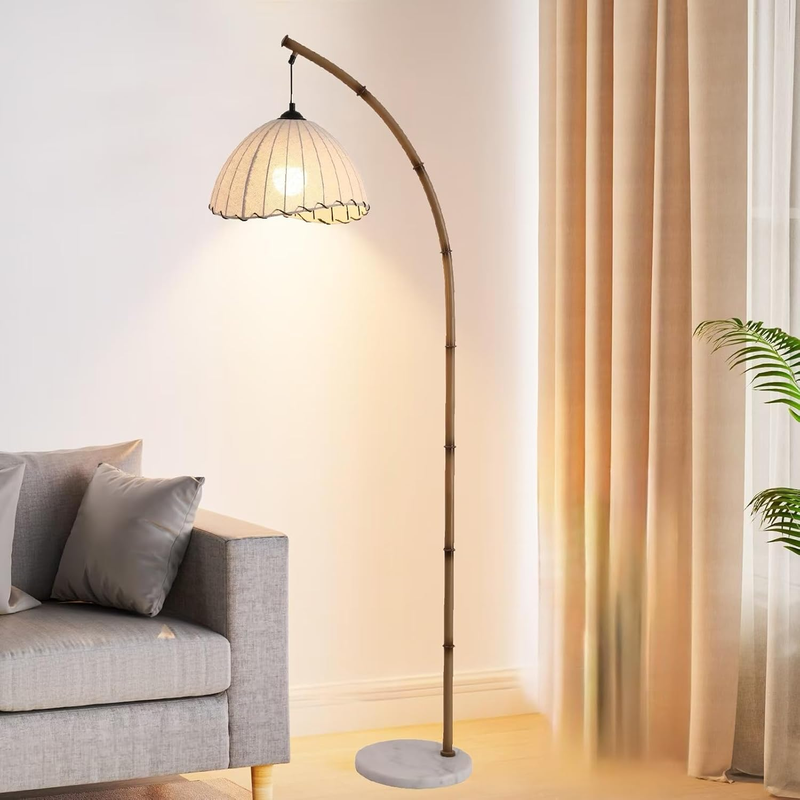 Bamboo Floor Lamp Mid Century Rattan Retro Floor Light Bohemian Style LED Tall Lamp for Living Room Bedroom Vintage Rattan Lamp Decoration Office Standing Floor Lamp