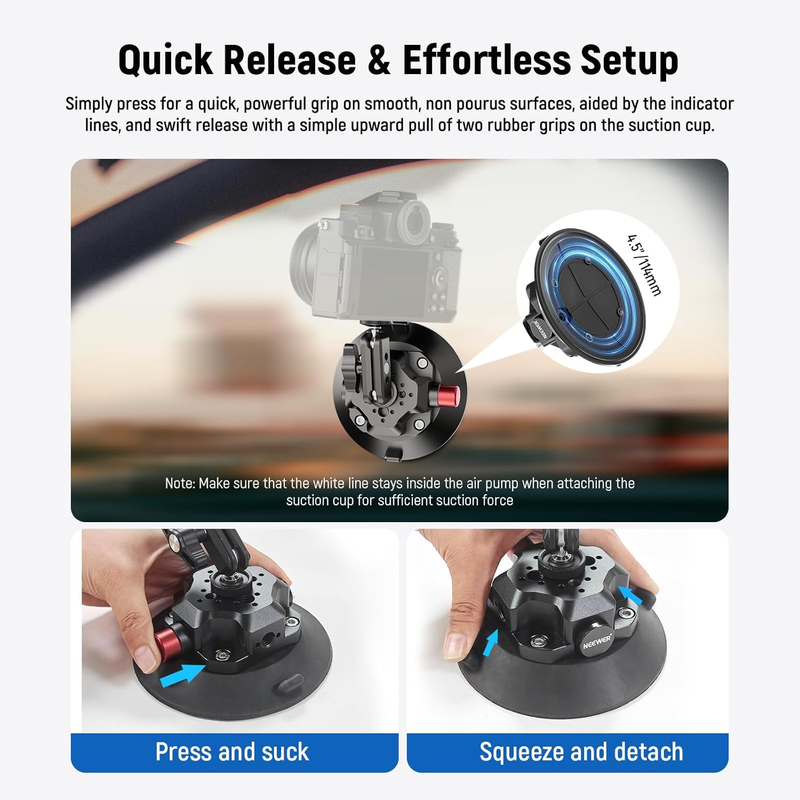 4.5" Suction Cup Camera Mount with Ball Head Magic Arm, 1/4" 3/8" ARRI Holes, Qu