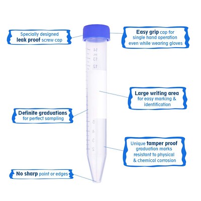 2000pcs Lab 15mL Conical Centrifuge Tubes Polypropylene Screw Caps EO Sterilized