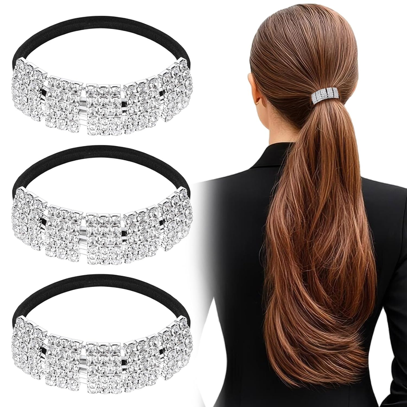 3Pcs Sparkly Rhinestone Pony Tails Hair Ties Crystal Ponytail Holders Hair Ties