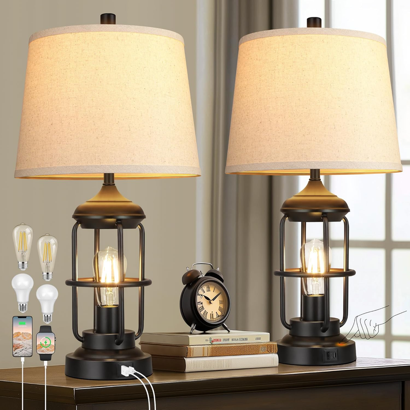 Table Lamp for Bedroom Set of 2 with USB A+C Ports, Farmhouse Bedside Lamp with Night Light, 3-Way Dimmable Touch Control, Rustic Industrial Nightstand Lamp for Living Room, Bulbs Included, Black