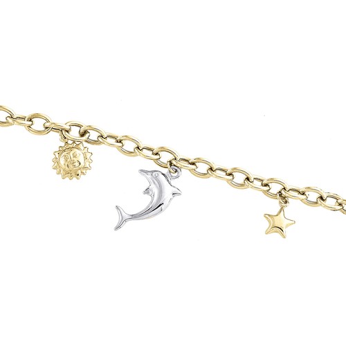 Pre-owned Jfl Diamonds & Timepieces 14k Two Tone Gold Rolo Link Dolphin Heart Sun Anchor Charm 5mm Bracelet 7.50"