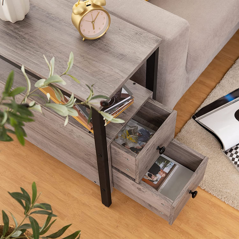 End Table, Set of 2, Recliner Side Table with 2 Drawer and Open Shelf, Na