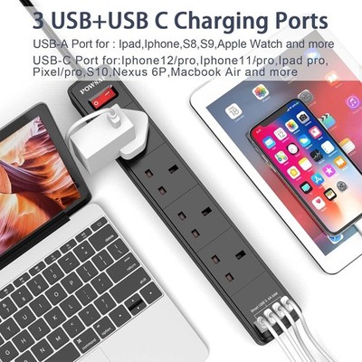 POWSAF Extension Lead with 4 USB Slots