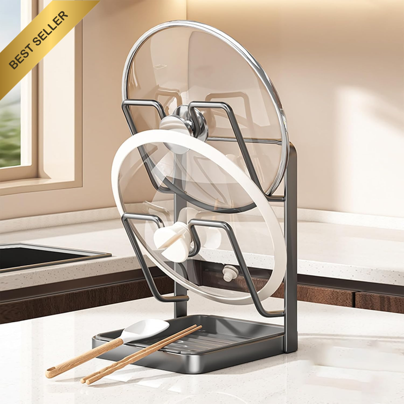 Kitchen Pot Lid Storage Rack, Double-Layer Pot Lid Holder with Removable Drip Tr