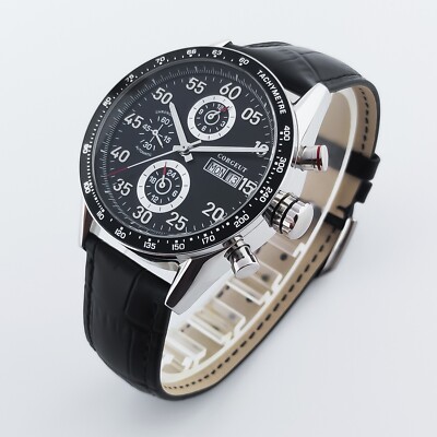 44mm Corgeut Black Face Multi-function Mens Watch Self-winding Date WeeK Leather