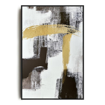 Black Gold Beige Strokes Abstract Black Framed Canvas Wall Art for Bedroom - ...