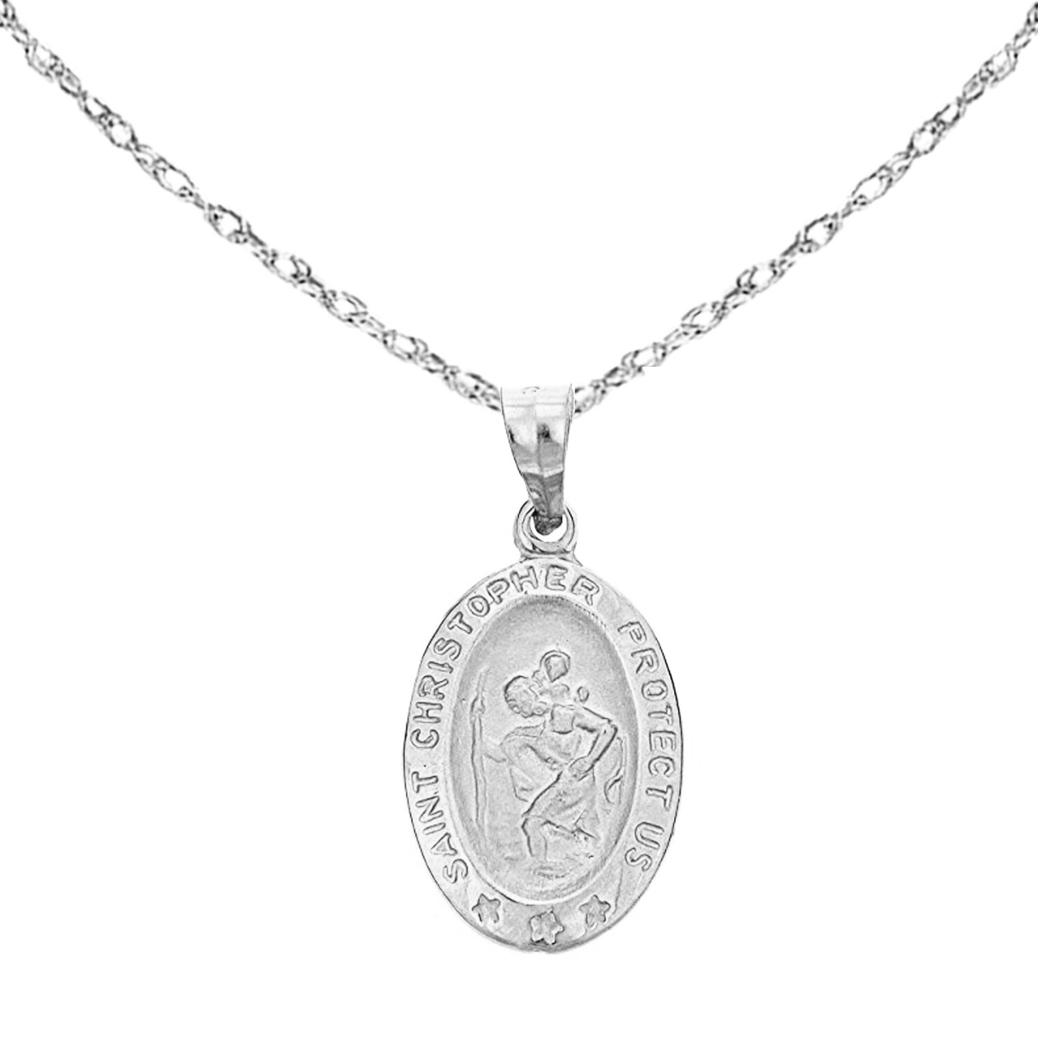 Pre-owned Rita Stephens 14k Real White Gold Oval St Saint Christopher Medal Charm Pendant Necklace 18"