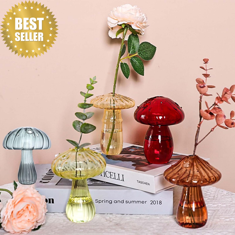 Mushroom Glass Flower Vase Set,5 Colorful Plant Propagation Station,Small Plant