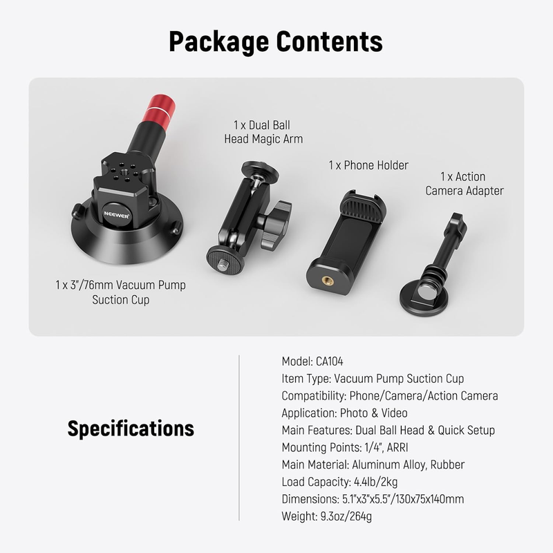 3" Suction Cup Camera Mount Bracket with Ball Head Magic Arm, 1/4" ARRI Holes, Q
