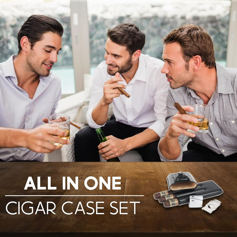Mantello Luxury Portable 3 Holder Cigar Case Set with Cigar Cutter and Lighter S