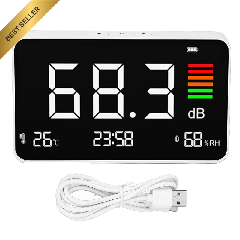 Desktop Digital Decibel Meter 30-130dBA with Temperature Humidity Detection LED