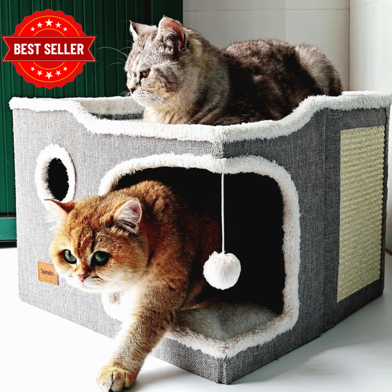 Large Cat Bed for Indoor Cats, Foldable Adult Cat Cave anti Anxiety Cat House Cu