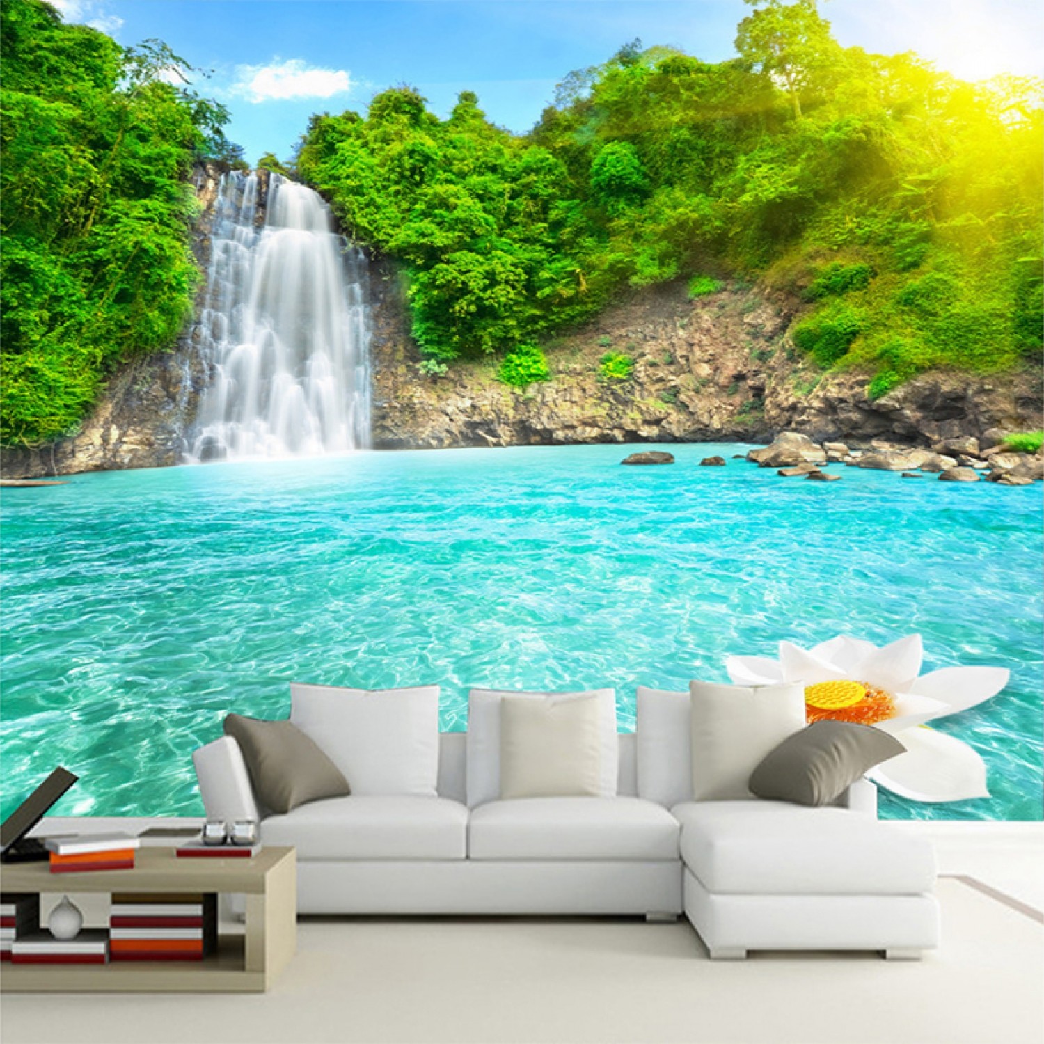 Natural Scenery 3D Wall Mural Forest Waterfalls Pools Photo