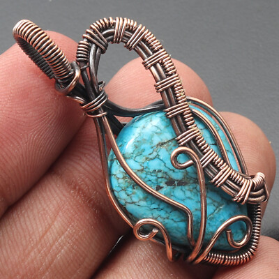 Turquoise Gemstone  Copper Wire Wrapped Pendant 2.1'' Jewelry G18955