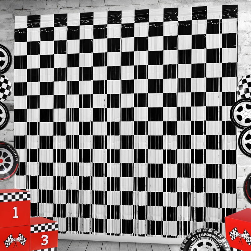 Race Car Foil Fringe Curtains Backdrop Birthday Party Decor, 2 Pack 3.28X6.56 Ft