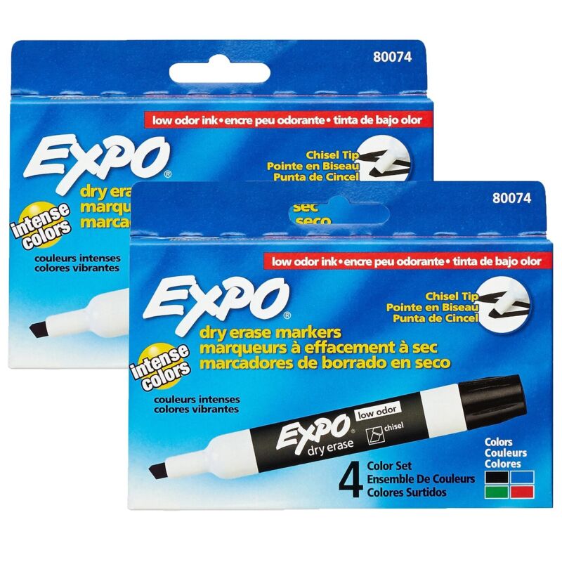 EXPO Low Odor Dry Erase Markers Chisel Tip Assorted Colors 4 Per Pack 2 Packs