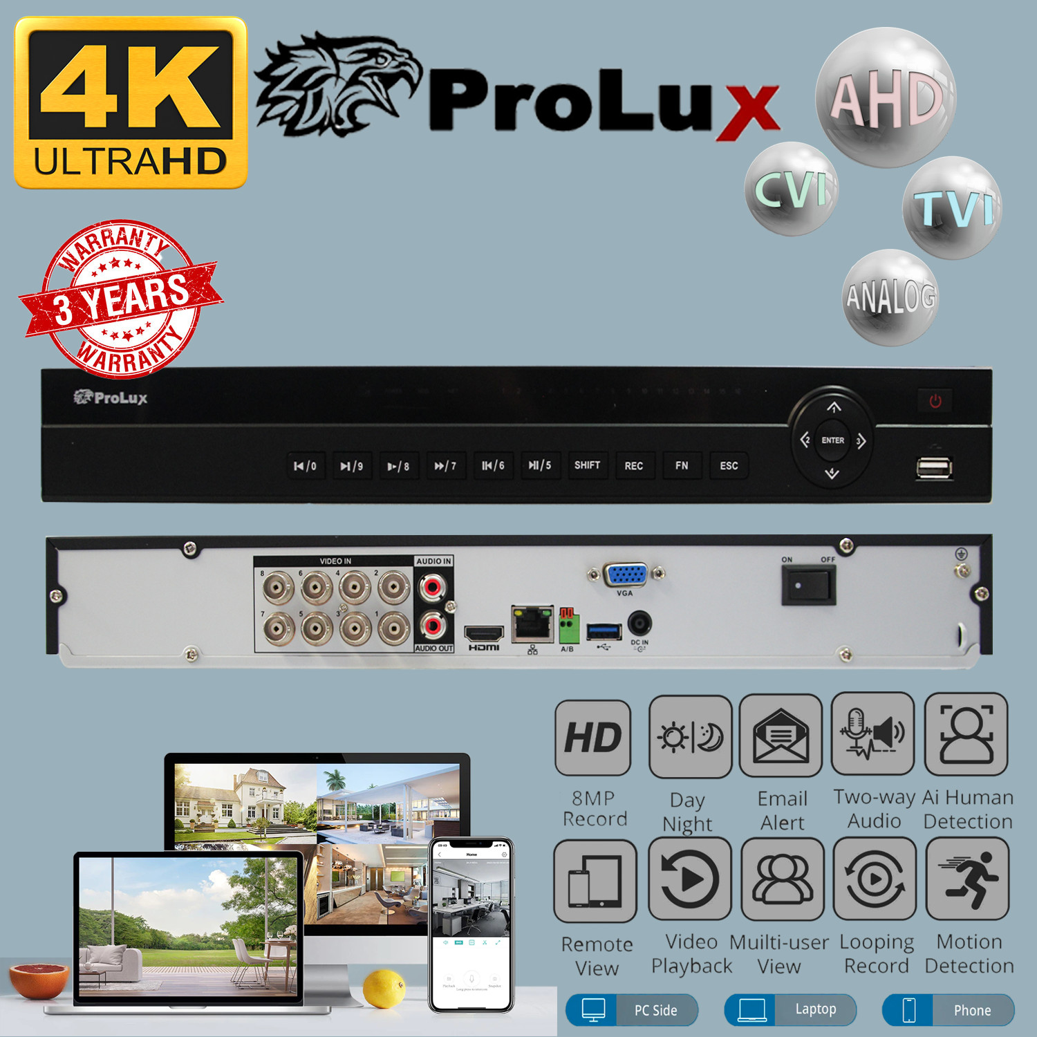 DVR Security System 8CH 4K POLUX 8MP Motion Detection CCTV Outdoor PTZ UK