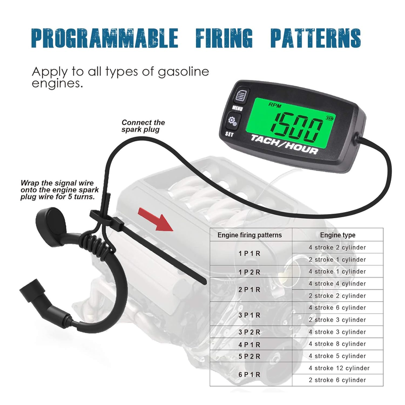 RL-HM032R Inductive Tachometer with Hour Meter Backlit Display for All Gasoline
