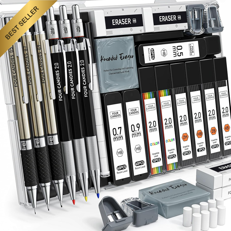 25PCS Art Mechanical Pencil Set with Case, 3PCS Metal Artist Lead Pencil 0.5, 0.