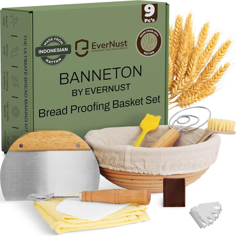 Sourdough Bread Starter Kit - Round 9 Inch Banneton Proofing Basket Set with Clo