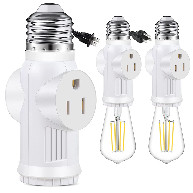 E26 Light Socket to Plug Adapter -2Pack 2/3 Prong Light Socket Outlet Light Bulb