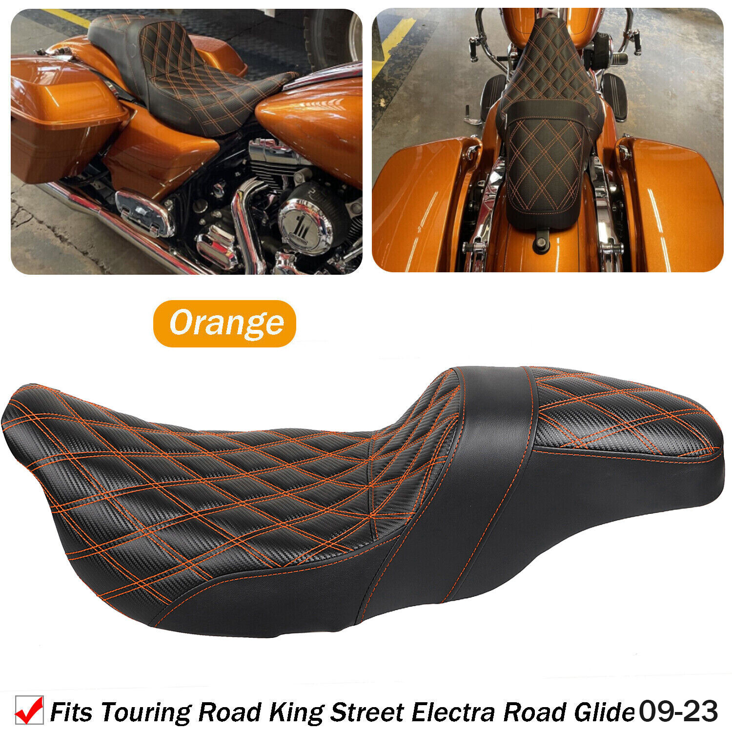 Step-Up Seat Orange Lattice Stitch For Harley Touring Road