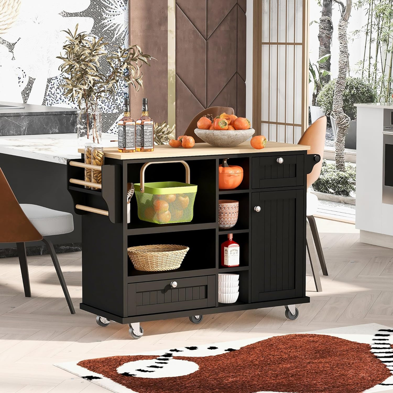 Island Cart, with Storage Two Locking Wheels, Solid Wood Desktop, Microwave Cabi