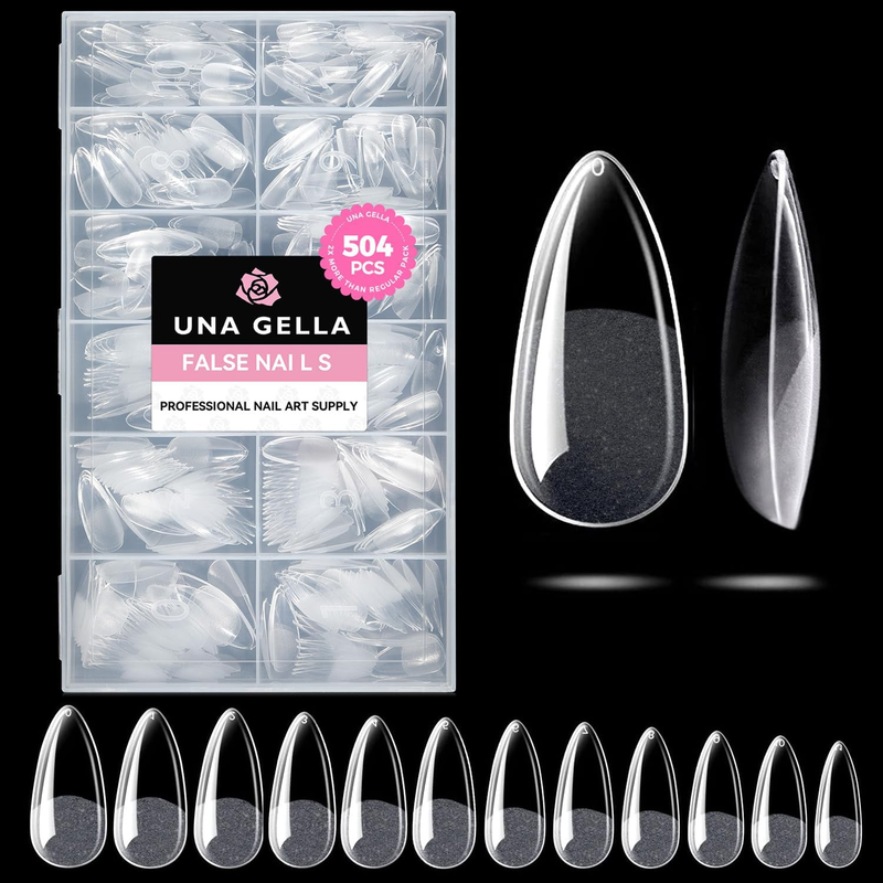 Almond Gel Nail Tips, 504PCS Pre Etched Clear Fake Nails Tips Medium Almond Shap