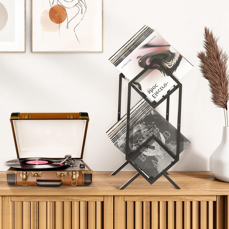 2-Tier-Vinyl-Record-Storage-Holder With Dividers, 200 LPs Albums Storage Rack Sh