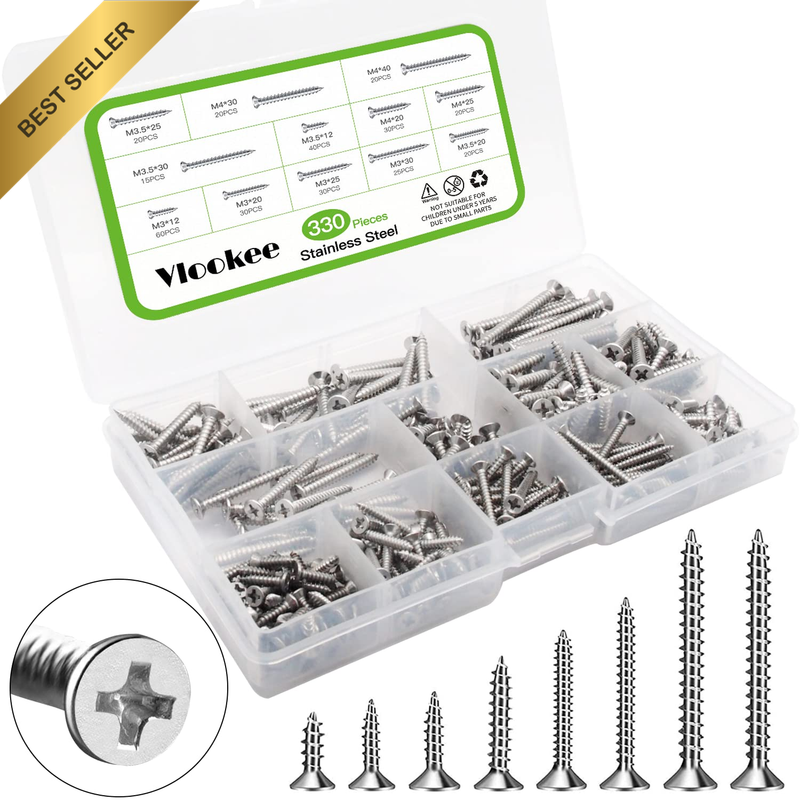 Wood Screws 330PCS M3 M3.5 M4 Wood Screws Assortment Kit,Philips Flat Head,304 S