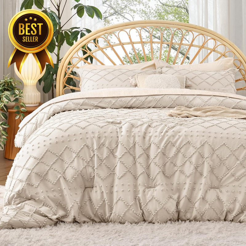 Boho Tufted Beige Comforter Set, Farmhouse-Style Bedding Full