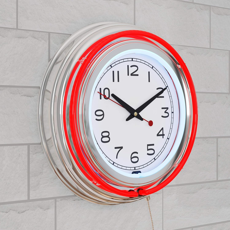 Retro Red Neon Wall Clock Battery Operated Vintage Bar Garage Kitchen Game Room