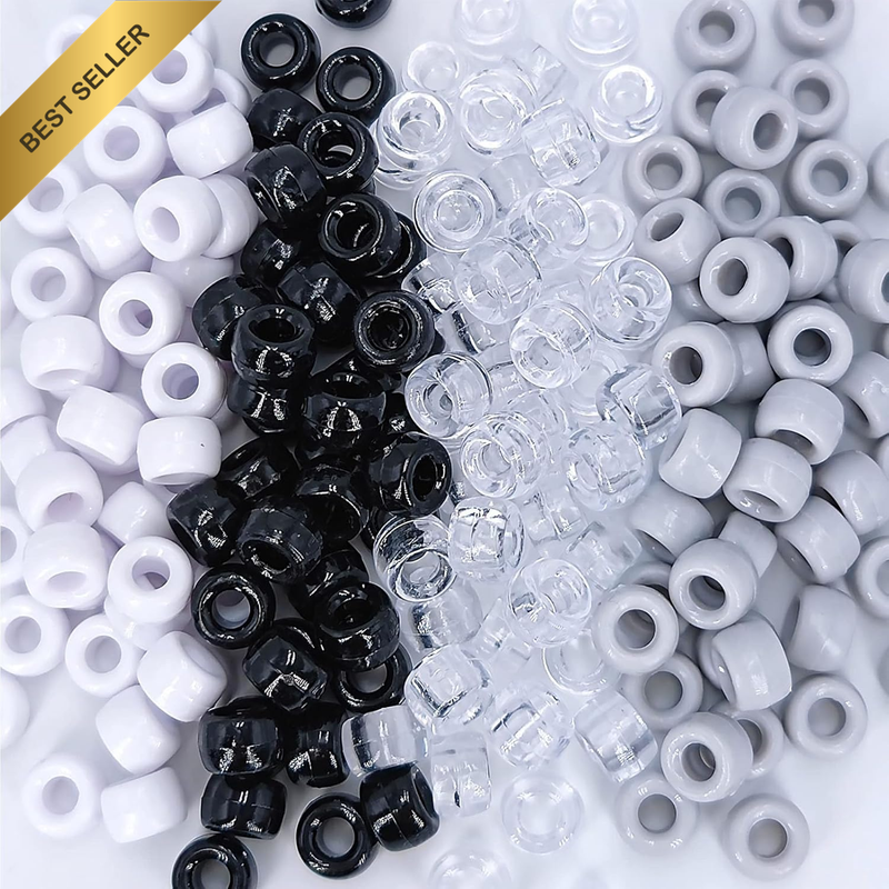 1200 Pc 9MM Pony Beads 4 Colors White Black Gray DIY Craft