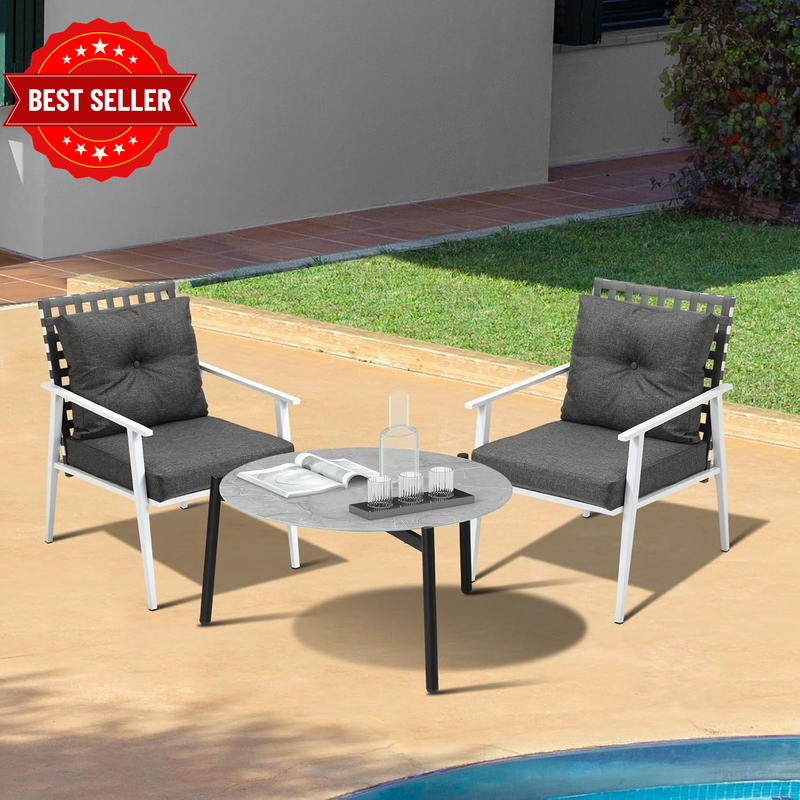 Livsip Outdoor Lounge Sets 3Pc Patio Set 70CM Grey round Table Rattan Chairs