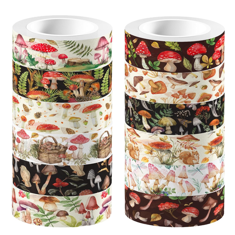 12 Rolls Mushroom Washi Tape Set,Vintage Washi Tape Decorative Paper Stickers De