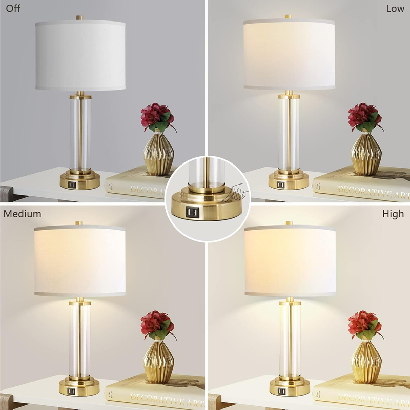 Qimh Lamps for Bedrooms Set of 2, Touch Control Table Lamps with Dual USB Ports,