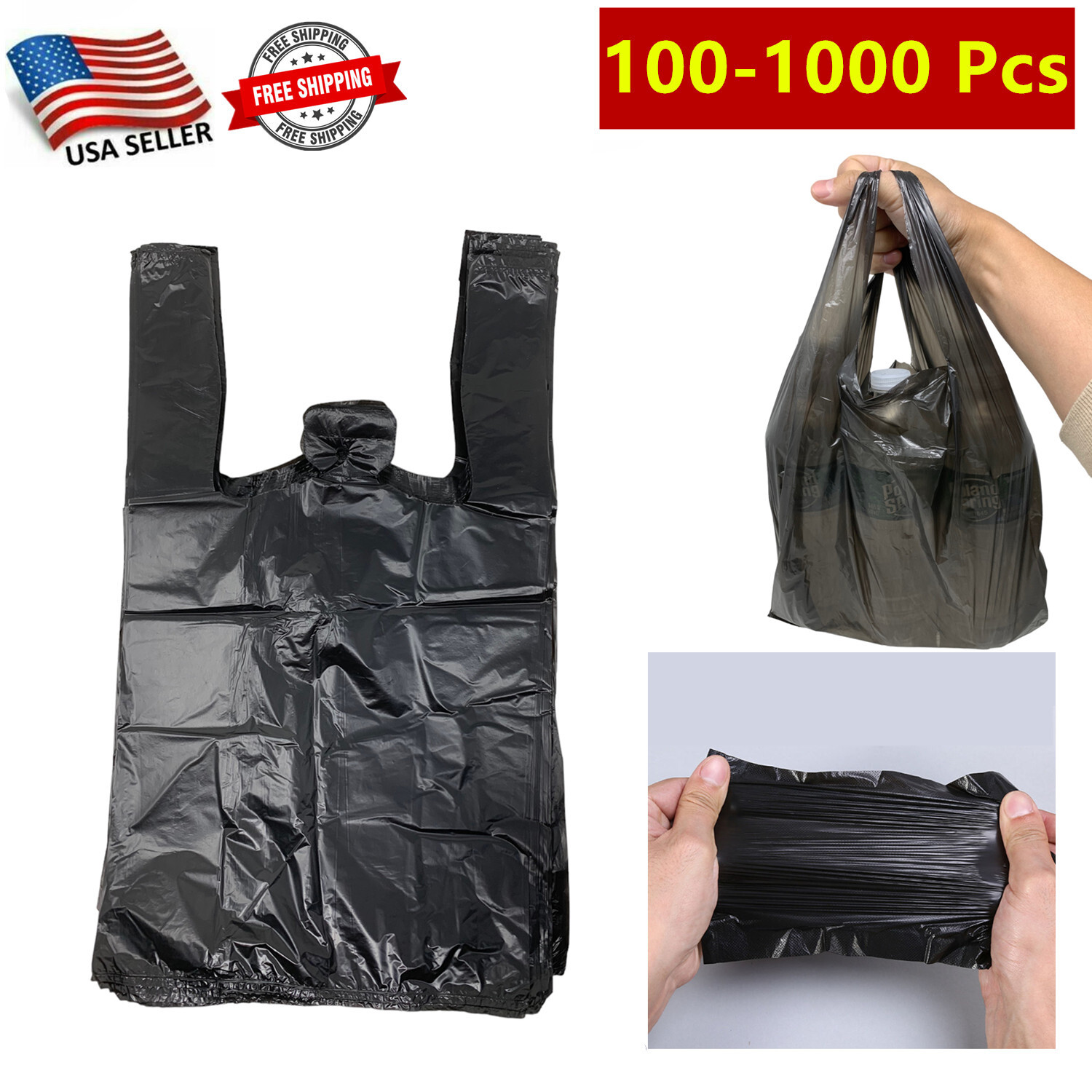 100-1000 Pc Small T-Shirt Bag Black Plastic Carry Out for Shopping 15"x 4"x 8.5"