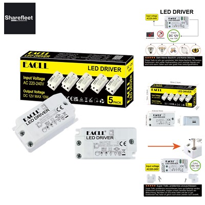 EACLL LED Trafo AC 240V zu DC 12V 850mA 10W Transformator, 5er-Pack. Für fahr...