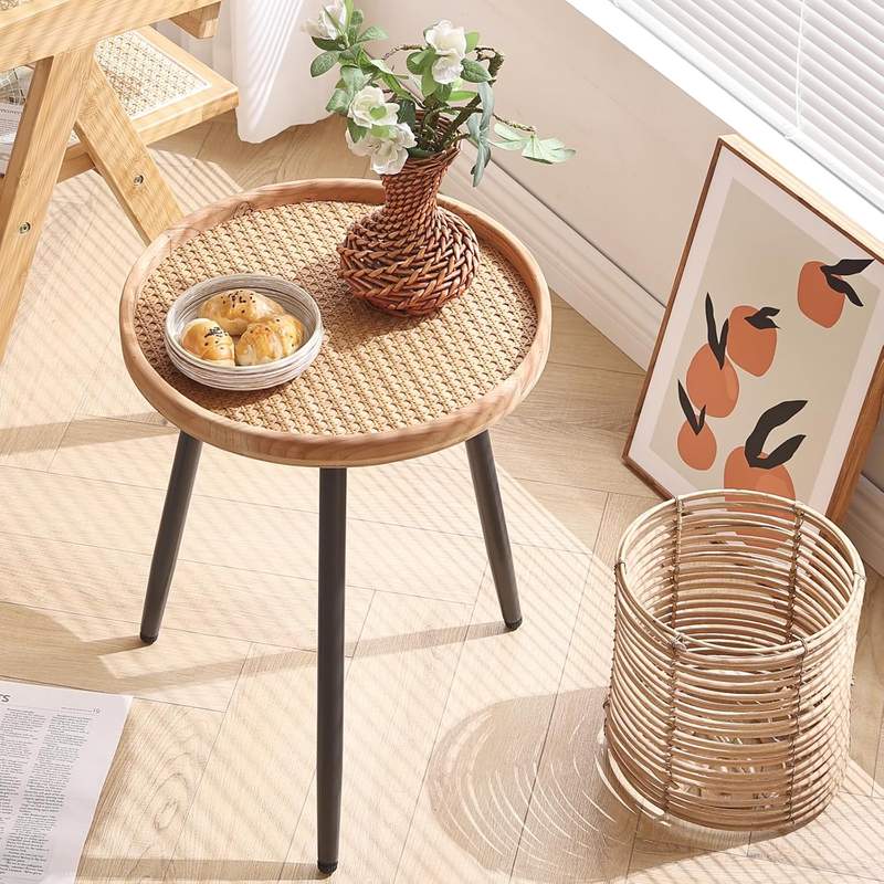 Rattan Log Desktop round Side End Table, Nightstand/Small Tables, Indoor Outdoor Wooden Tray Table with Metal Stand End Table for Living Room Bedroom Office Small Spaces
