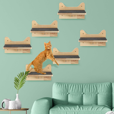 Set of 6 Cat Wall Steps Shelf Shelves Wood Cat Climbing Shelves for Wall Wood Ca