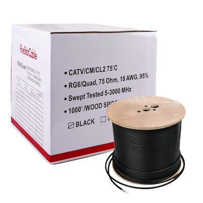 Cable ETL Listed RG6 18AWG Coaxial Cable, Quad Shielded, Black, Spool, 1000 Ft