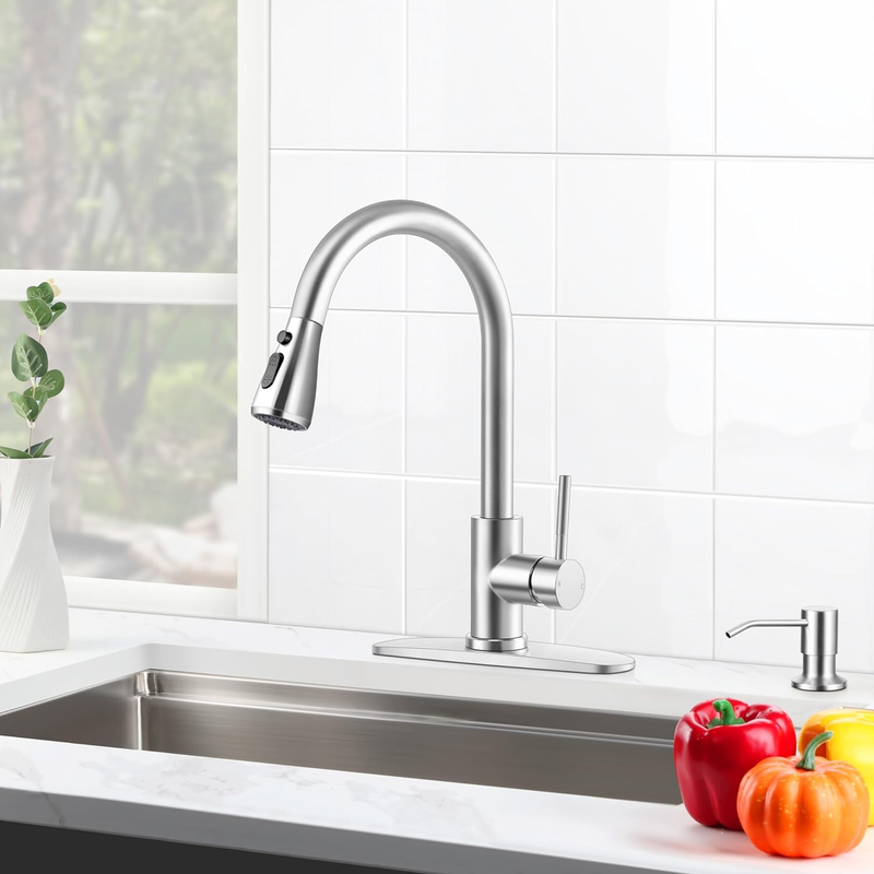Brushed Nickel Kitchen Sink Faucet Set with Pull down Sprayer and Soap Dispenser