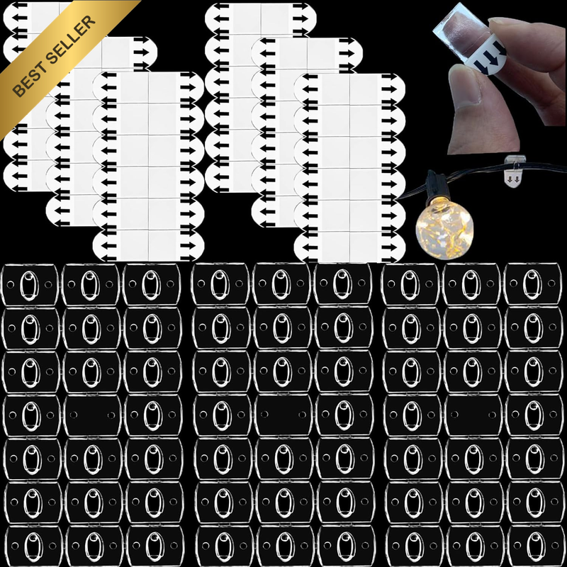 Fairy Light Hooks, Clear, 60 Mini Decor Hook Clips with 72 Self-Adhesive Strips,