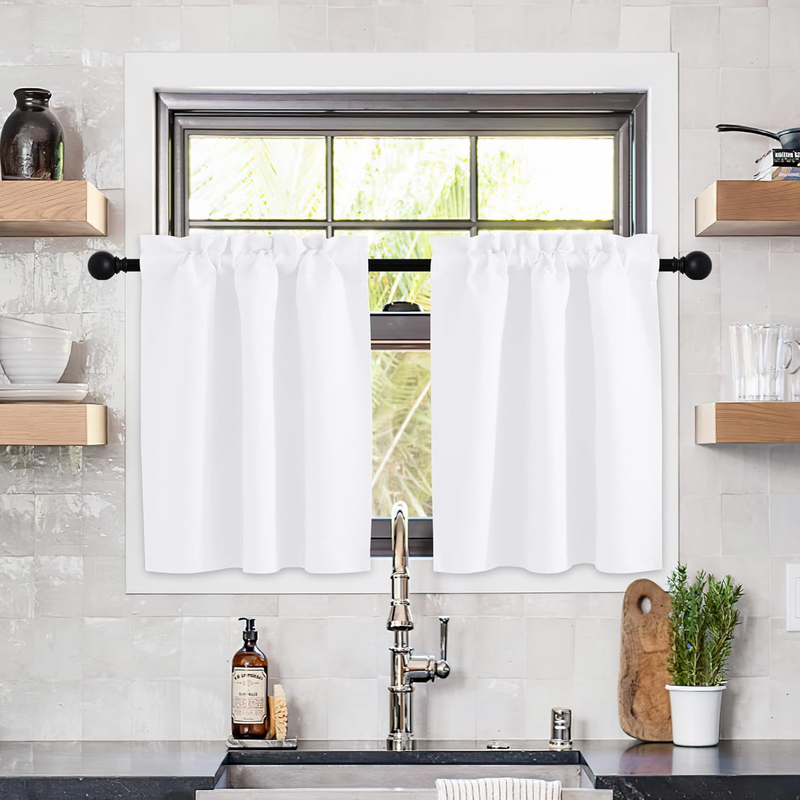 Bathroom Window Curtains - Rod Pocket Blackout Curtains Small Window Short Drapes for Kitchen Living Room Kids Nursery Room RV, W29 X L30 Inch per Panel, Pure White, 2 Panels
