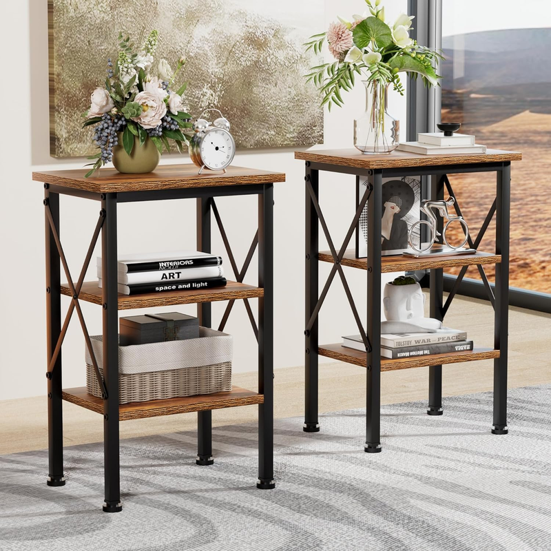 Set of 2 Brown X-Design Nightstands with Storage Shelf for Bedroom and Living Room