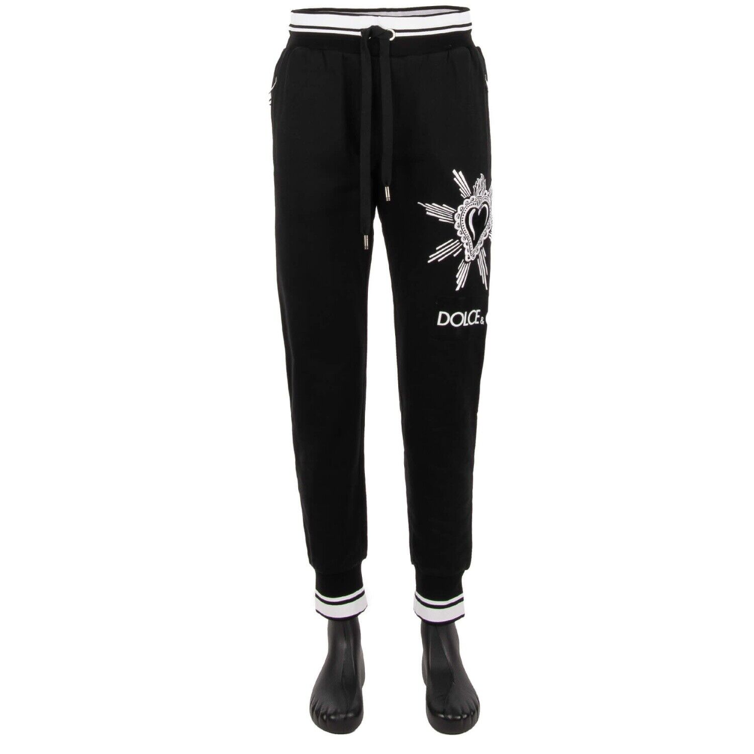 Pre-owned Dolce & Gabbana Cotton Track Jogging Pants With Sacred Heart Logo Black 11289