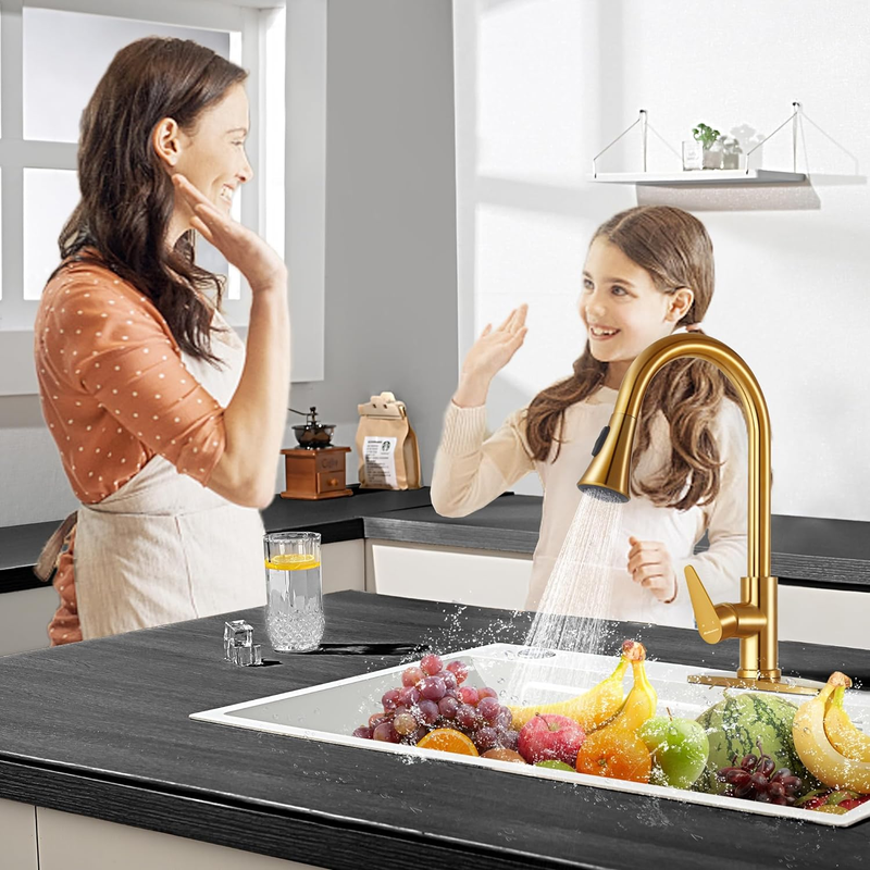 Kitchen Faucet with Pull down Sprayer Brushed Gold, 3 Hole Kitchen Sink Faucet S