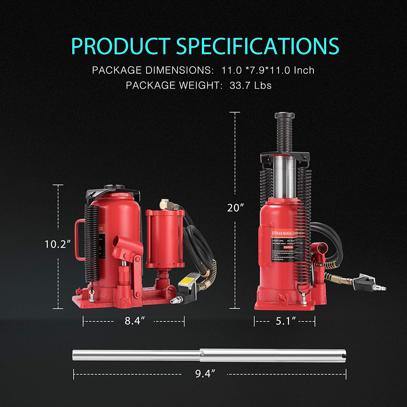 Pneumatic Air Hydraulic Bottle Jack with Manual Hand Pump 20 Ton Heavy Duty Auto